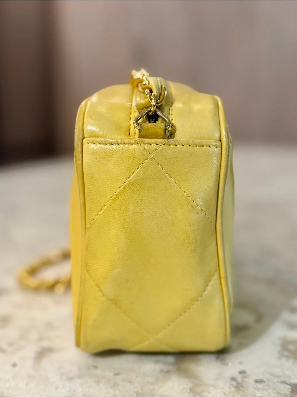 Authentic Vintage Chanel Yellow Lambskin CC Camera Bag 24K Gold Tassel